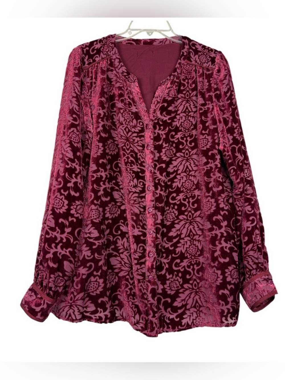 Sundance Velvet Burnout Floral Button-Up Blouse in Berry and Rose